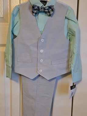 4T Boys TFW Mint Dress Shirt with Seersucker Vest, Pants & Plaid Bow Tie
